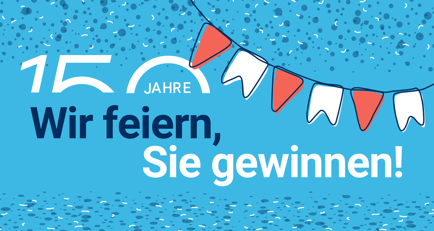 Blaues Banner mit weißen und roten Wimpeln. Text: "150 JAHRE – Wir feiern, Ihr gewinnt!"